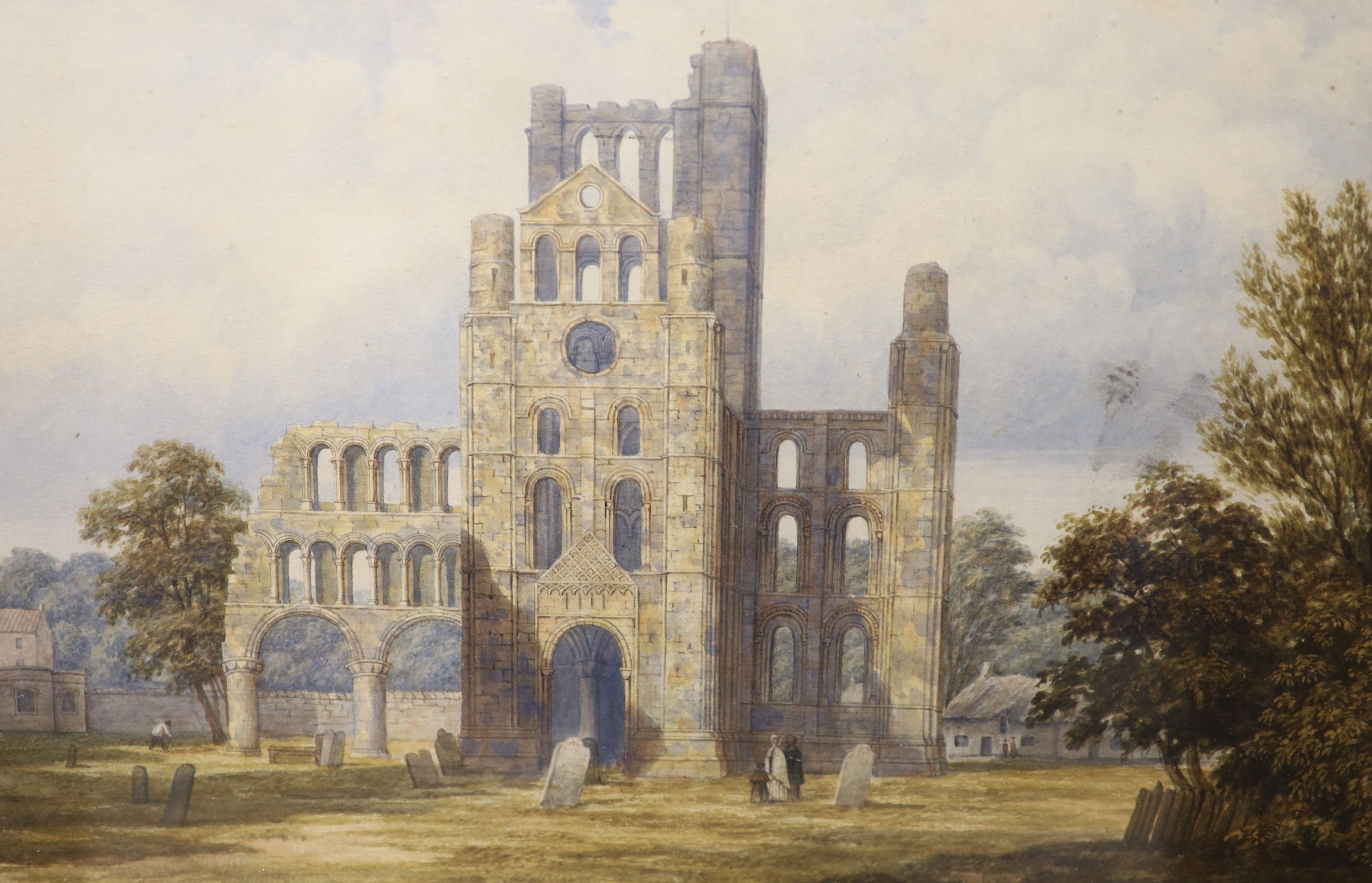 John Dobbin of Darlington (1815-1888), watercolour, Ruins of Kelso Abbey, inscribed verso, 23 x 35cm, an engraving of ruins and another entitled 'The Blessing'